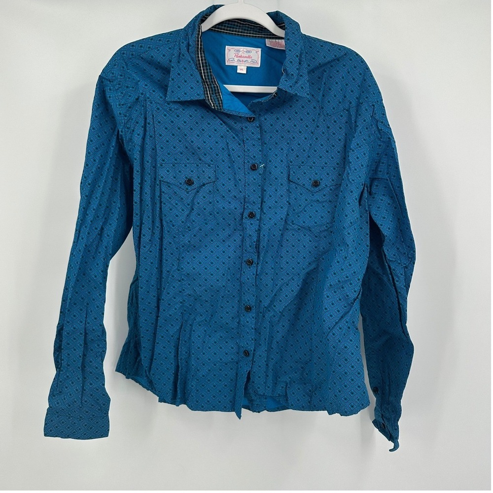 Panhandle Womens Western Cowgirl Shirt Size XL Teal Geometric Floral Cotton